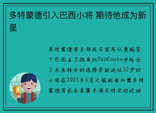 多特蒙德引入巴西小将 期待他成为新星