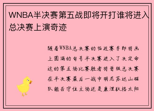 WNBA半决赛第五战即将开打谁将进入总决赛上演奇迹